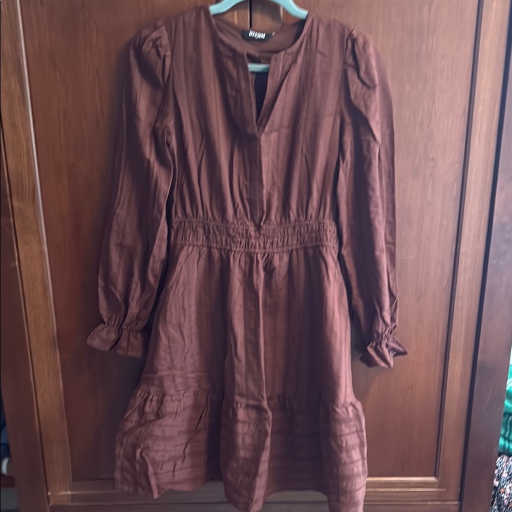 Smocked Waist Rust Brown Mini Dress with Long Sleeves